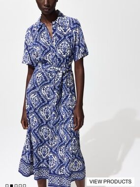 H&M Blue and White Paisley Midi Shirt Dress